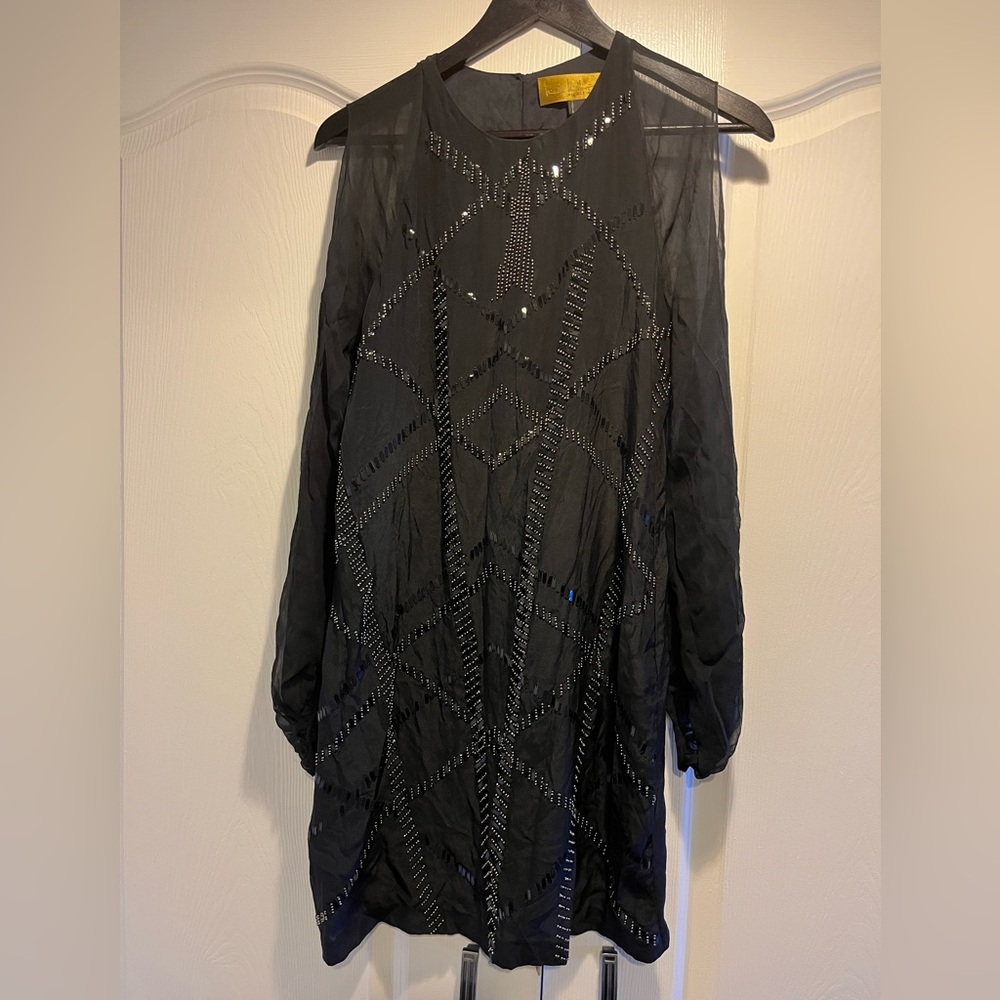 Nicole Miller Black Sequin Embellished Silk Dress